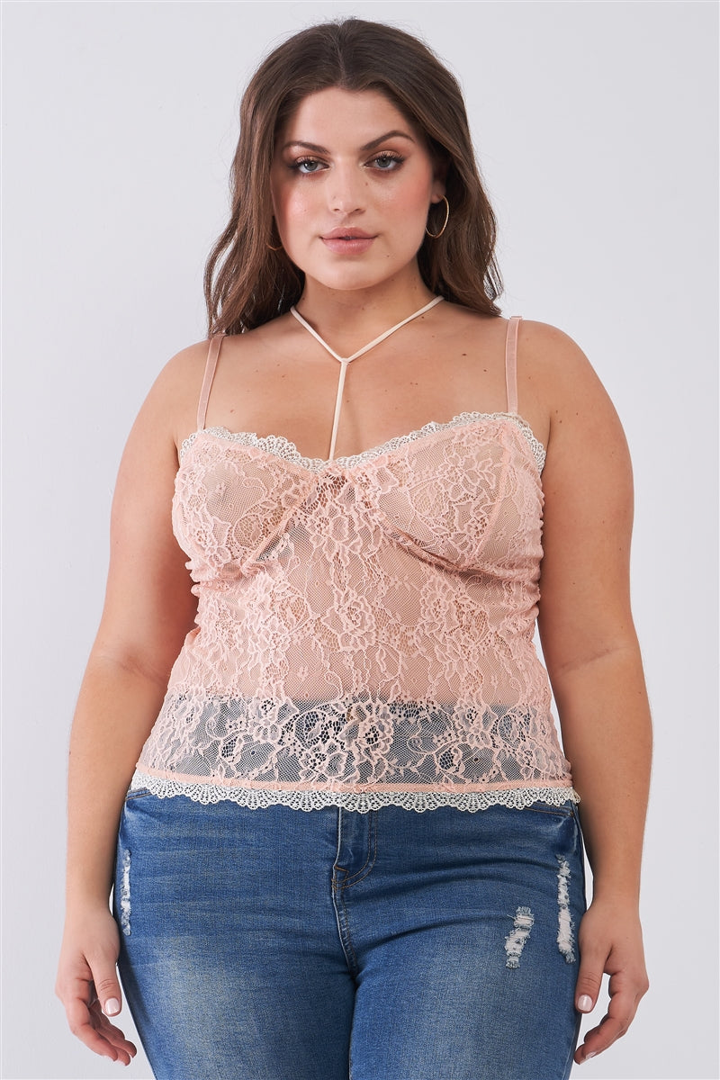 plus size sleeveless lace bustier top, sheer lace halter neck top, plus size lace halter neck top, sleeveless lace bustier top