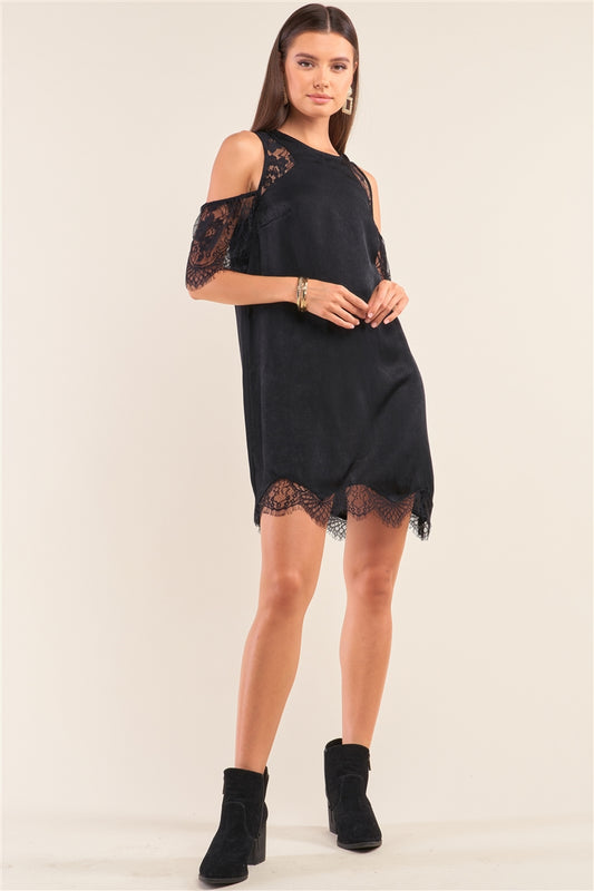 black cold shoulder mini dress, lace trim button-up dress, cold shoulder lace dress, black mini dress with lace trim, back button-up dress, cold shoulder mini dress with lace trim