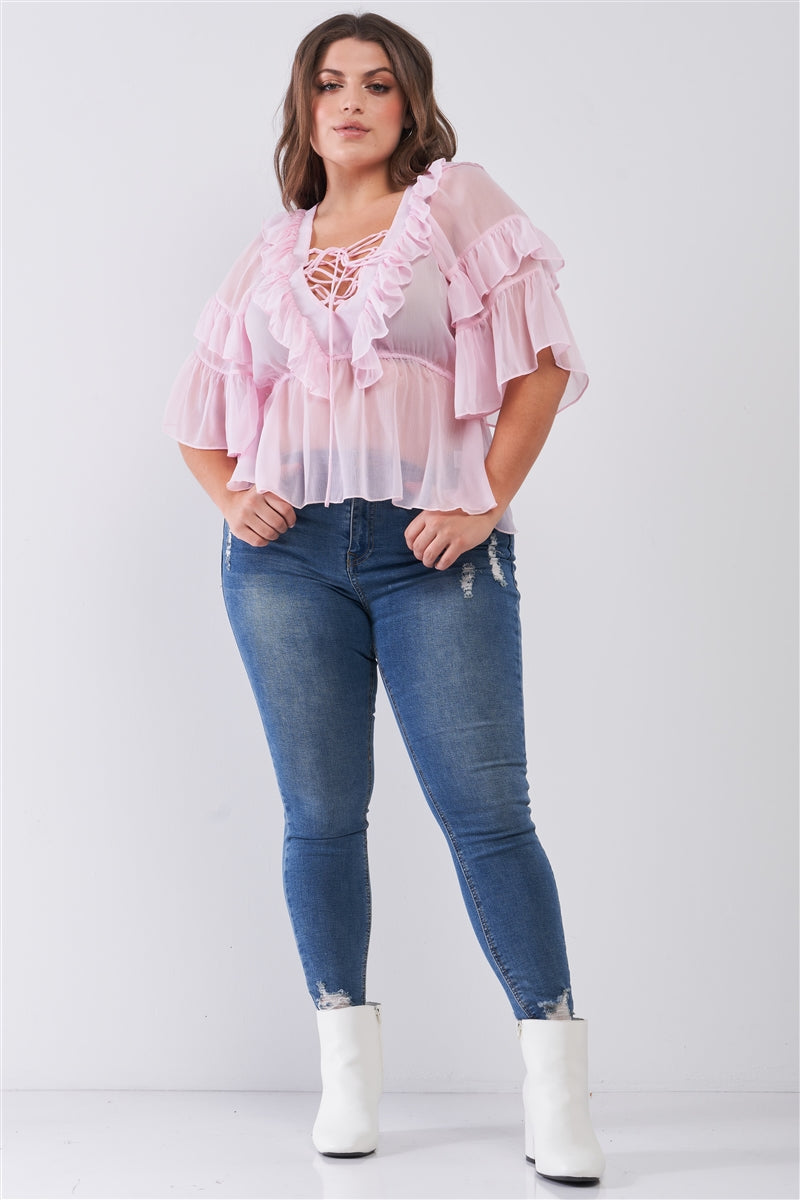 plus size sheer mesh top, ruffle lace-up top, wide sleeve blouse, V-neck detail top, relaxed fit blouse, plus size mesh top with lace-up neckline