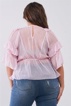 plus size sheer mesh top, ruffle lace-up top, wide sleeve blouse, V-neck detail top, relaxed fit blouse, plus size mesh top with lace-up neckline