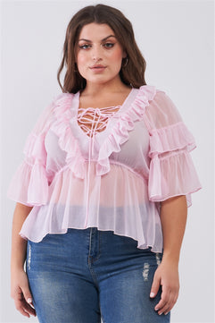 plus size sheer mesh top, ruffle lace-up top, wide sleeve blouse, V-neck detail top, relaxed fit blouse, plus size mesh top with lace-up neckline