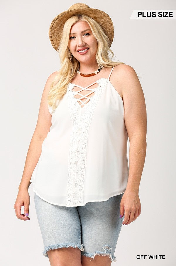 plunging V-neck lattice top, scalloped lace top, lattice top with scalloped lace, V-neckline lace top