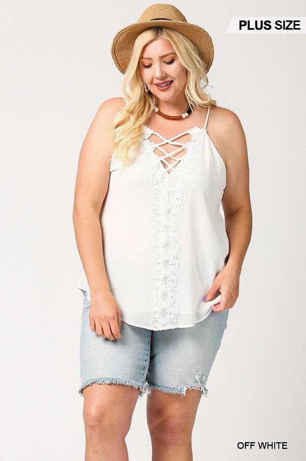 plunging V-neck lattice top, scalloped lace top, lattice top with scalloped lace, V-neckline lace top