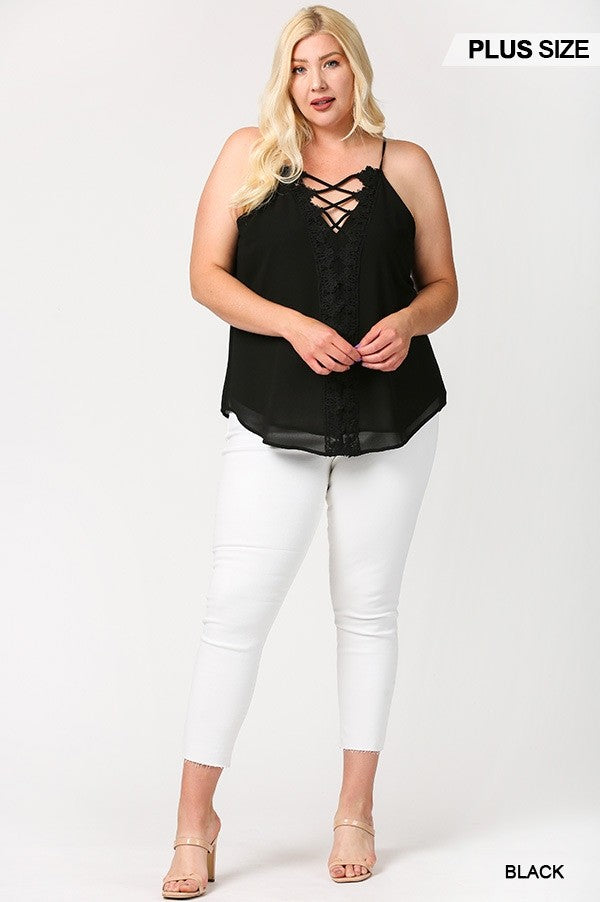 plunging V-neck lattice top, scalloped lace top, lattice top with scalloped lace, V-neckline lace top