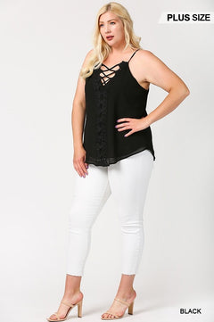 plunging V-neck lattice top, scalloped lace top, lattice top with scalloped lace, V-neckline lace top