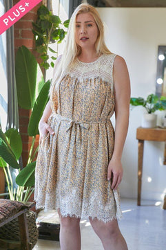 plus size printed mini dress, round neck sleeveless dress, printed sleeveless dress, plus size sleeveless mini dress