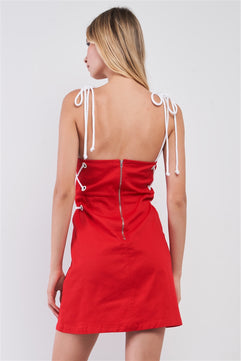 lace-up straps mini dress, sleeveless square neck dress, fitted mini dress, lace-up sleeveless dress, square neck mini dress with lace-up straps