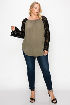 Solid Top Featuring Lace Bell Sleeves