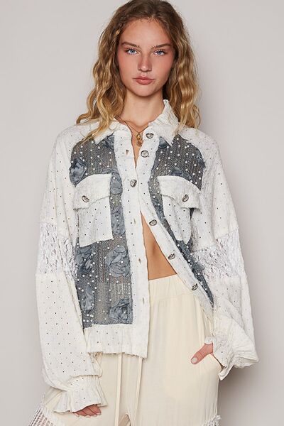 L Charcoal Lace Patchwork Shirt - Flower Pearl Details new patch patches patchwork POL Ship from USA shirt