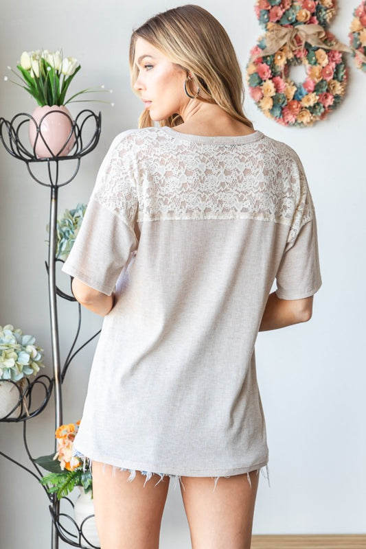 Oatmeal Lace Top - Drop Shoulder - Short Sleeve - Front Pocket Clothing & Accessories > Clothing > Tops autopostr_pinterest_71901 drop front full lace PinterestNew pocket shoulder size top