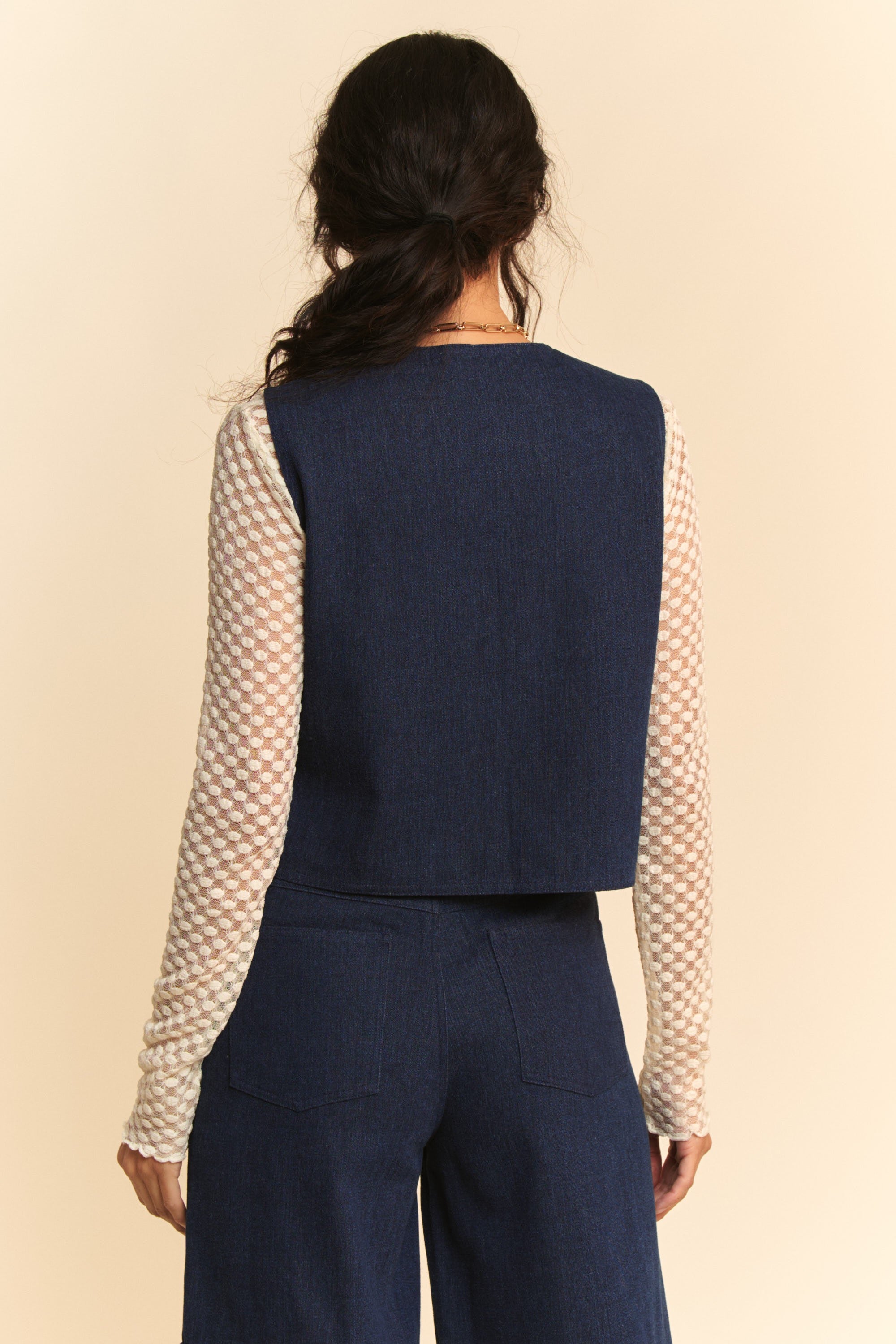 Denim Vest - Open Front - Lace Accents - 100% Cotton Apparel & Accessories > Clothing > Outerwear autopostr_pinterest_72819 Davi & Dani Only Available for U.S. Residents Ship from USA sync-pinterest