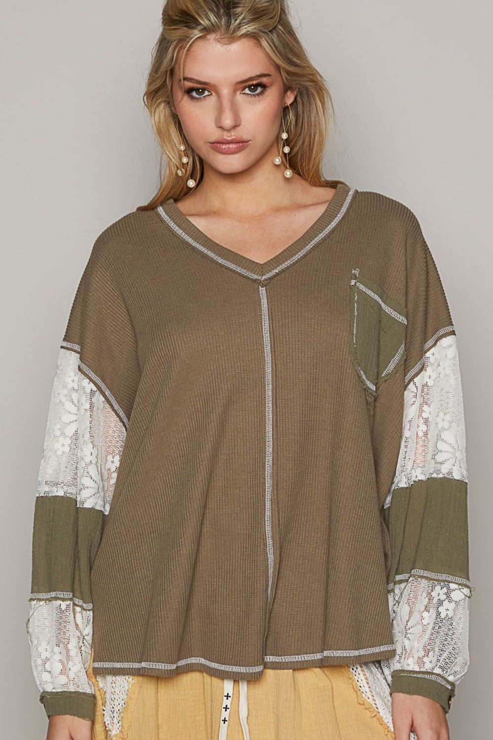 Khaki Olive Lace Top - Balloon Sleeve - V Neck - Exposed Seam Clothing & Accessories > Clothing > Tops autopostr_pinterest_71118 autopostr_pinterest_71178 autopostr_pinterest_71277 balloon exposed lace neck pol Sale seam sleeve top