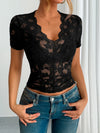 Black Top - Lace - V-Neck - Short Sleeve - Lightweight - Casual 5-1-overseas Ship From Overseas WXFS