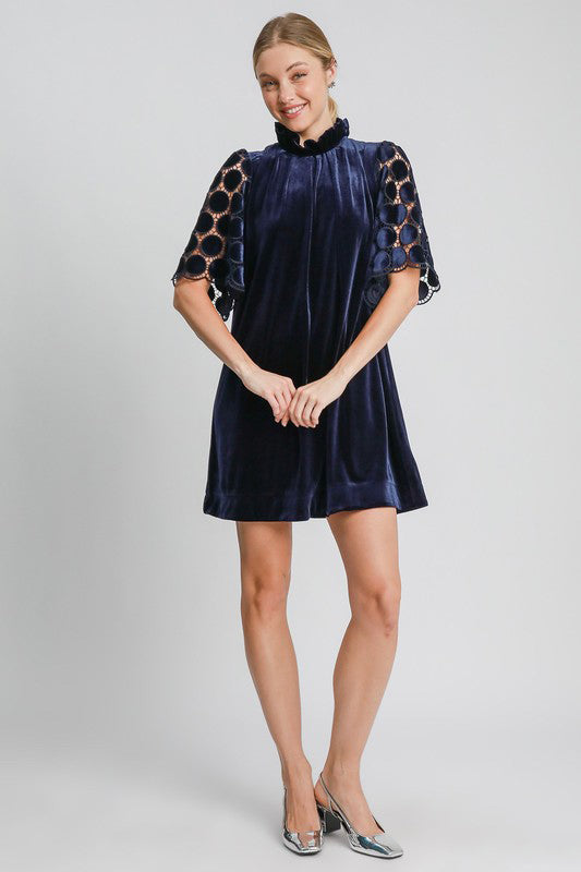 Navy Lace Half Sleeve Velvet Dress - Mock Neck new Ship from USA Umgee USA