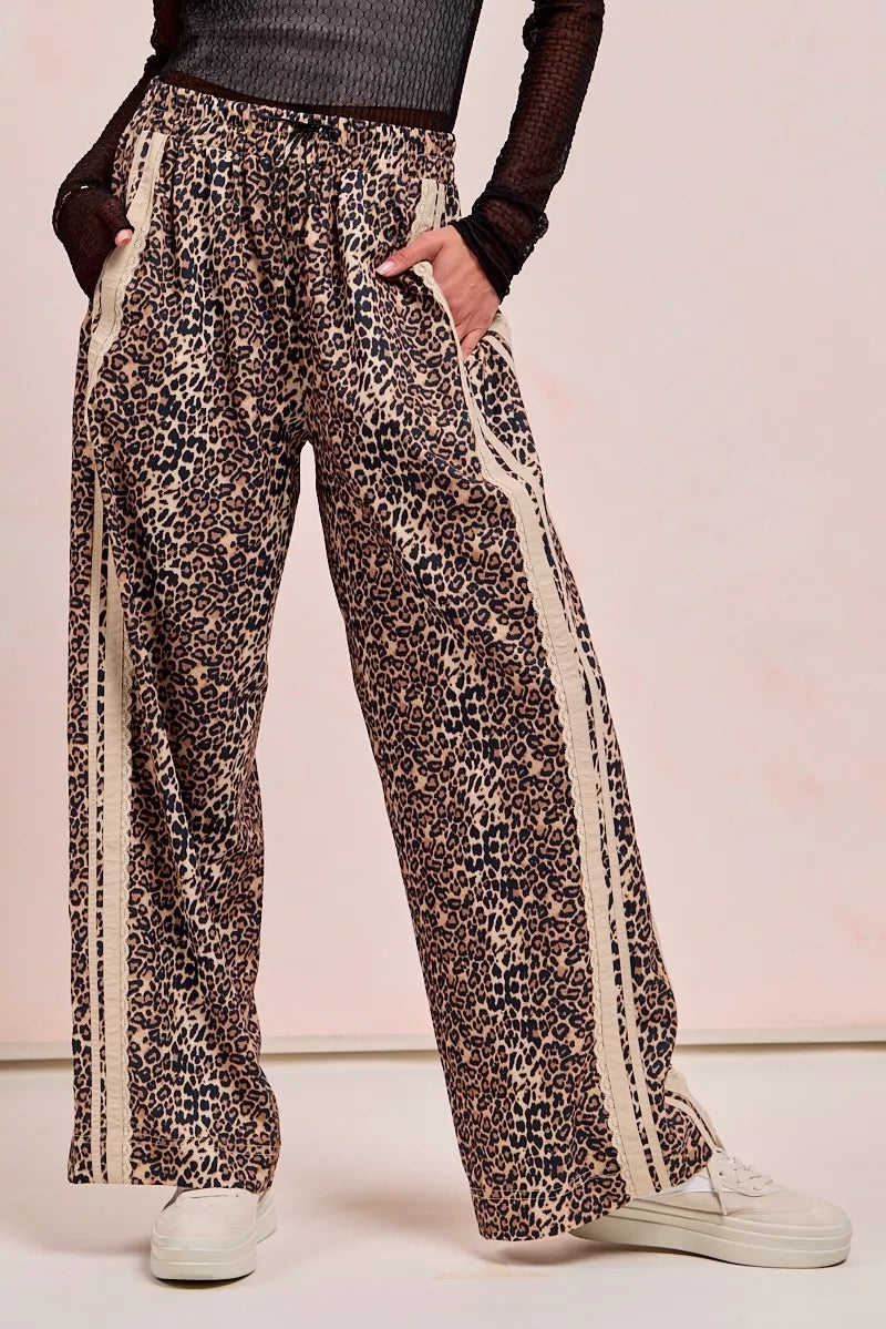 LEOPARD OATMEAL Women’s Leopard Print Track Pants with Side Lace 10-31 BiBi Ship from USA