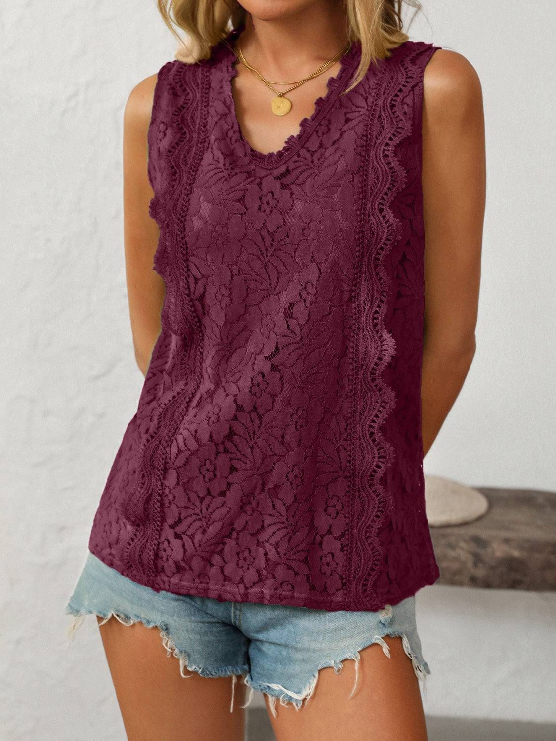Burgundy Lace Buttoned Stretch Polyester Top - Various Sizes Available Apparel & Accessories > Clothing > Tops And Lace Mandy Neck Neck Tank Ship From Overseas sync-pinterest Tank V