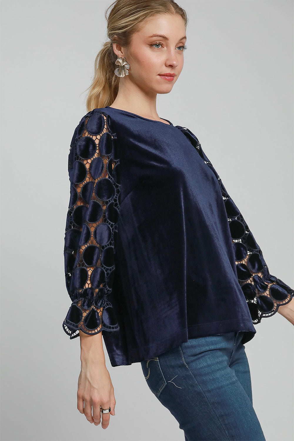 Navy Long sleeve Blouse - Polka Dot new Ship from USA Umgee USA