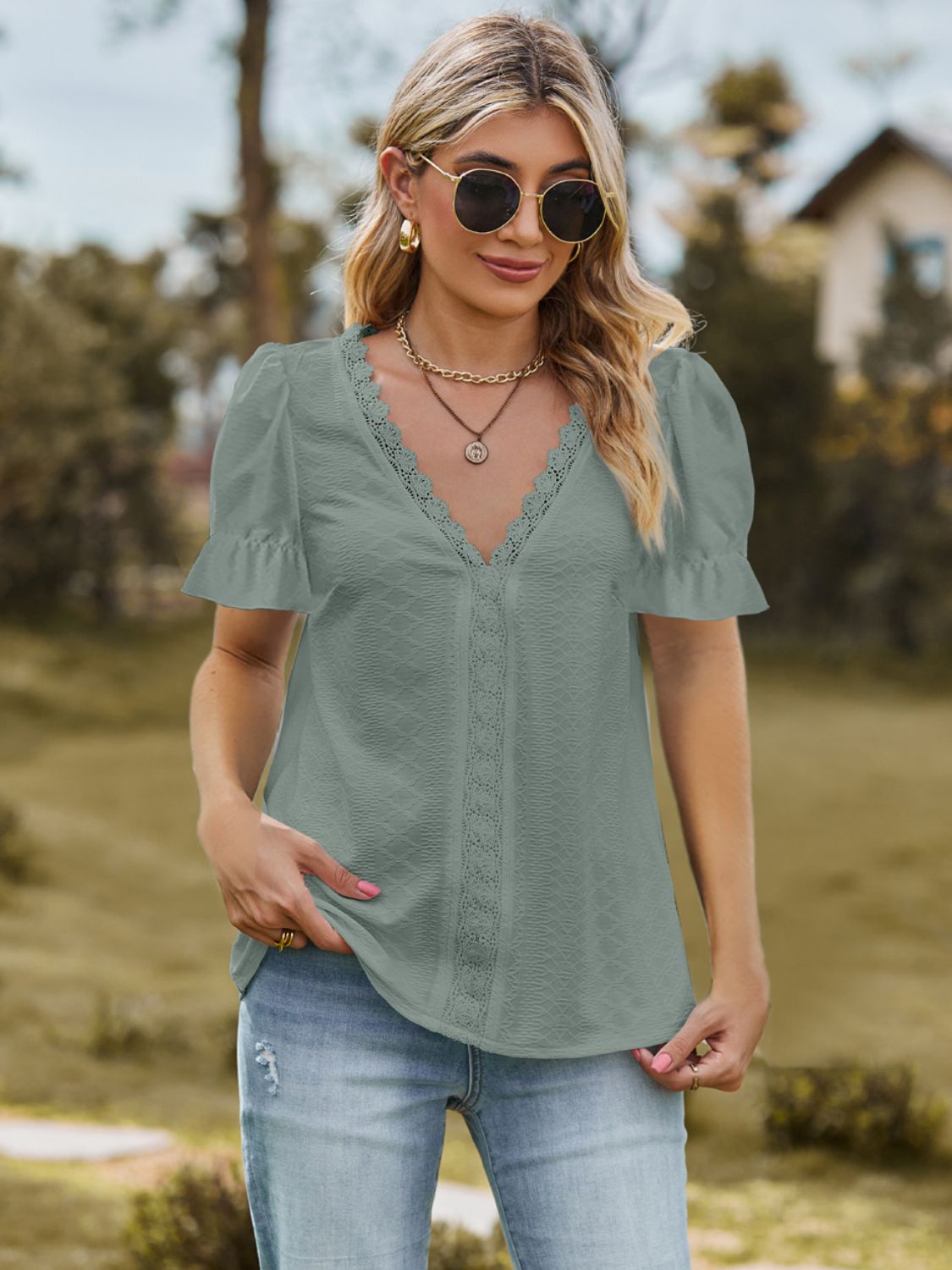 Sage Women's Lace Detail Top with Slight Stretch Apparel & Accessories > Clothing > Tops Blouse Detail Detail V Flounce Flounce Sleeve Flounce Sleeve Blouse K.C Lace Lace Detail Neck Neck Flounce Neck Flounce Sleeve Ship From Overseas Sleeve Sleeve Blouse sync-pinterest T V