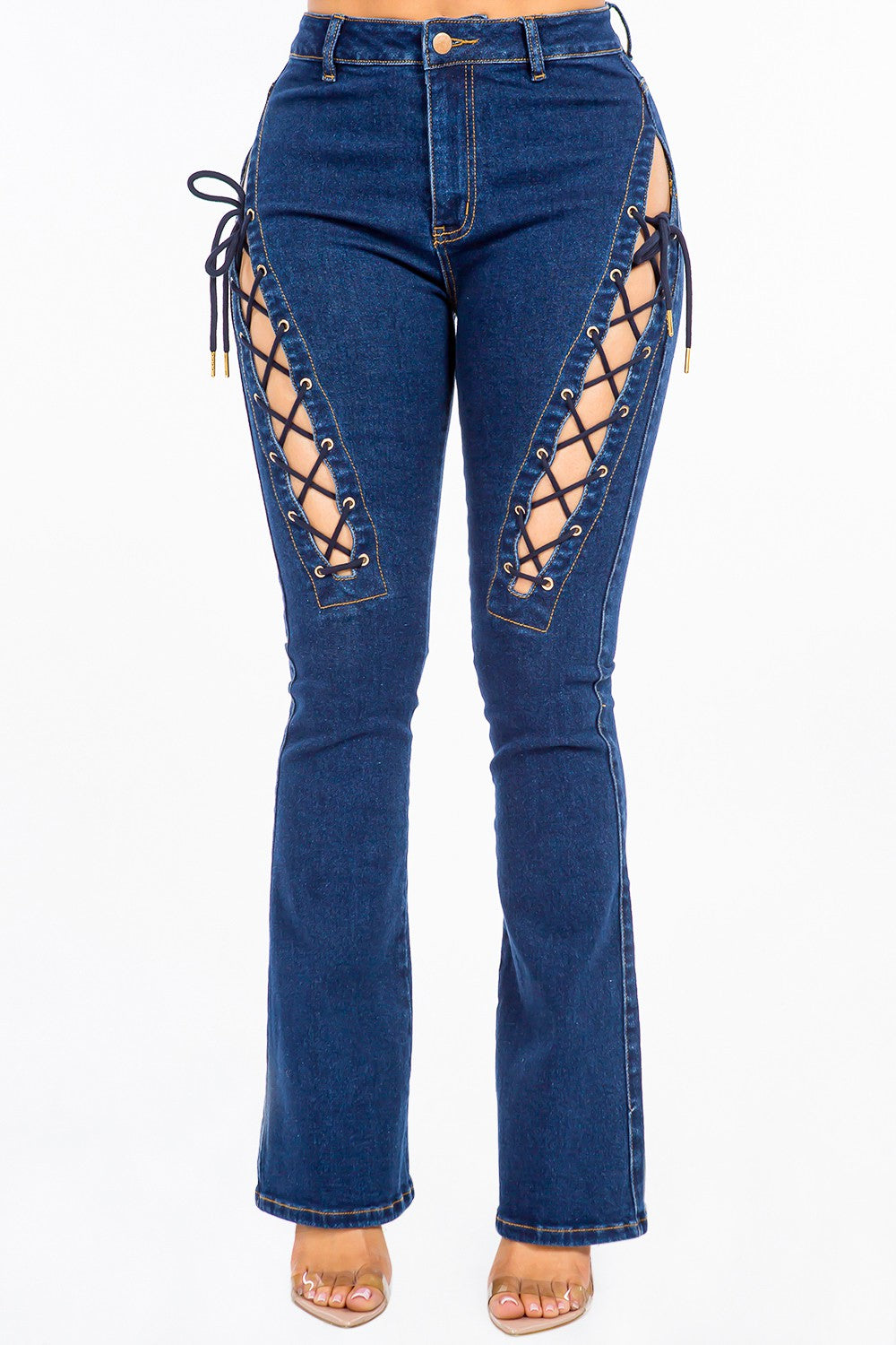 DK Blue High-Rise Denim Jeans - Stretch Lace-Up Detail - Blue Apparel & Accessories > Clothing > Pants American Bazi High Lace Lace Up Only Available for U.S. Residents Ship from USA sync-pinterest Up