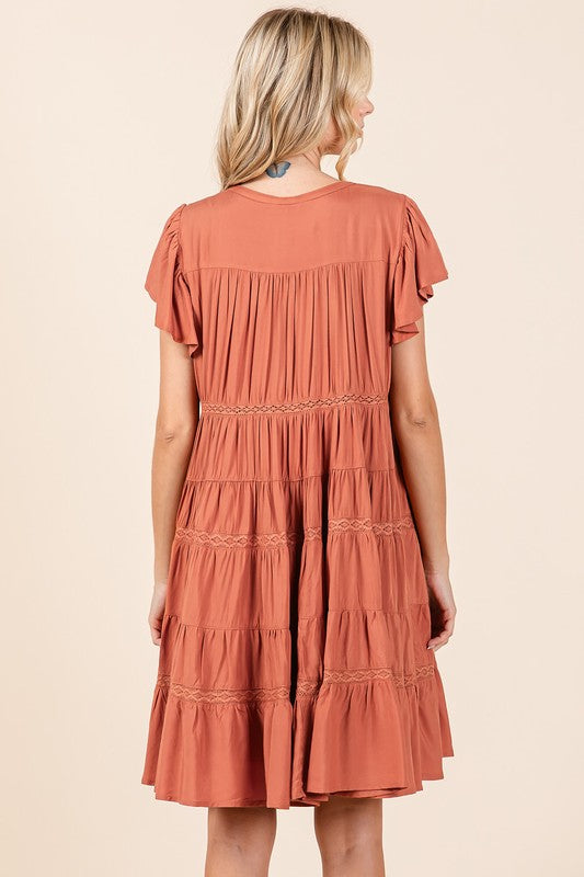 Red/Brown Ruffled Tiered Dress - Button Down Mittoshop new Ship from USA