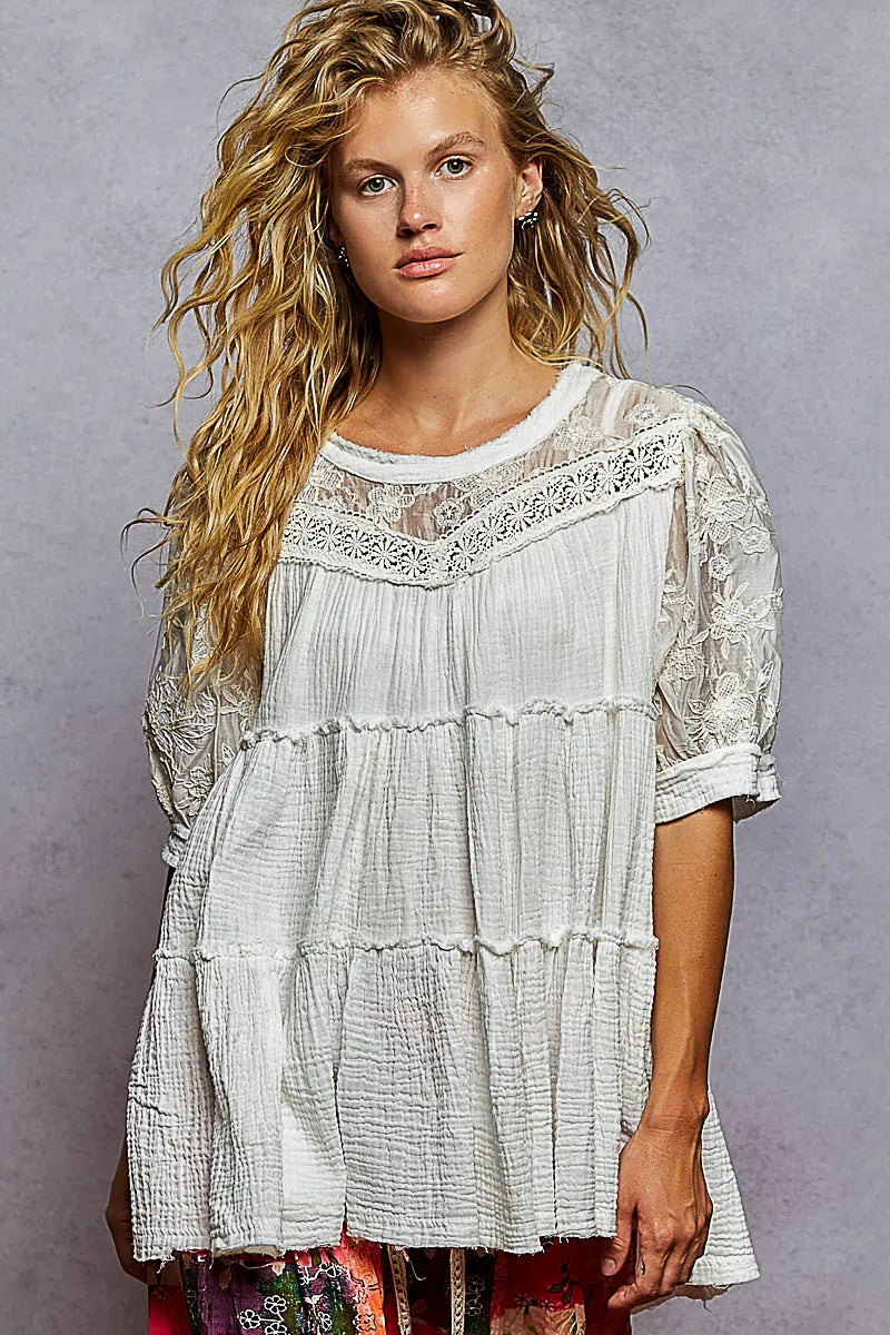 OFFWHITE Lace Trim Cotton Blouse - Boho Ruffle Chic 7-11 POL Ship from USA