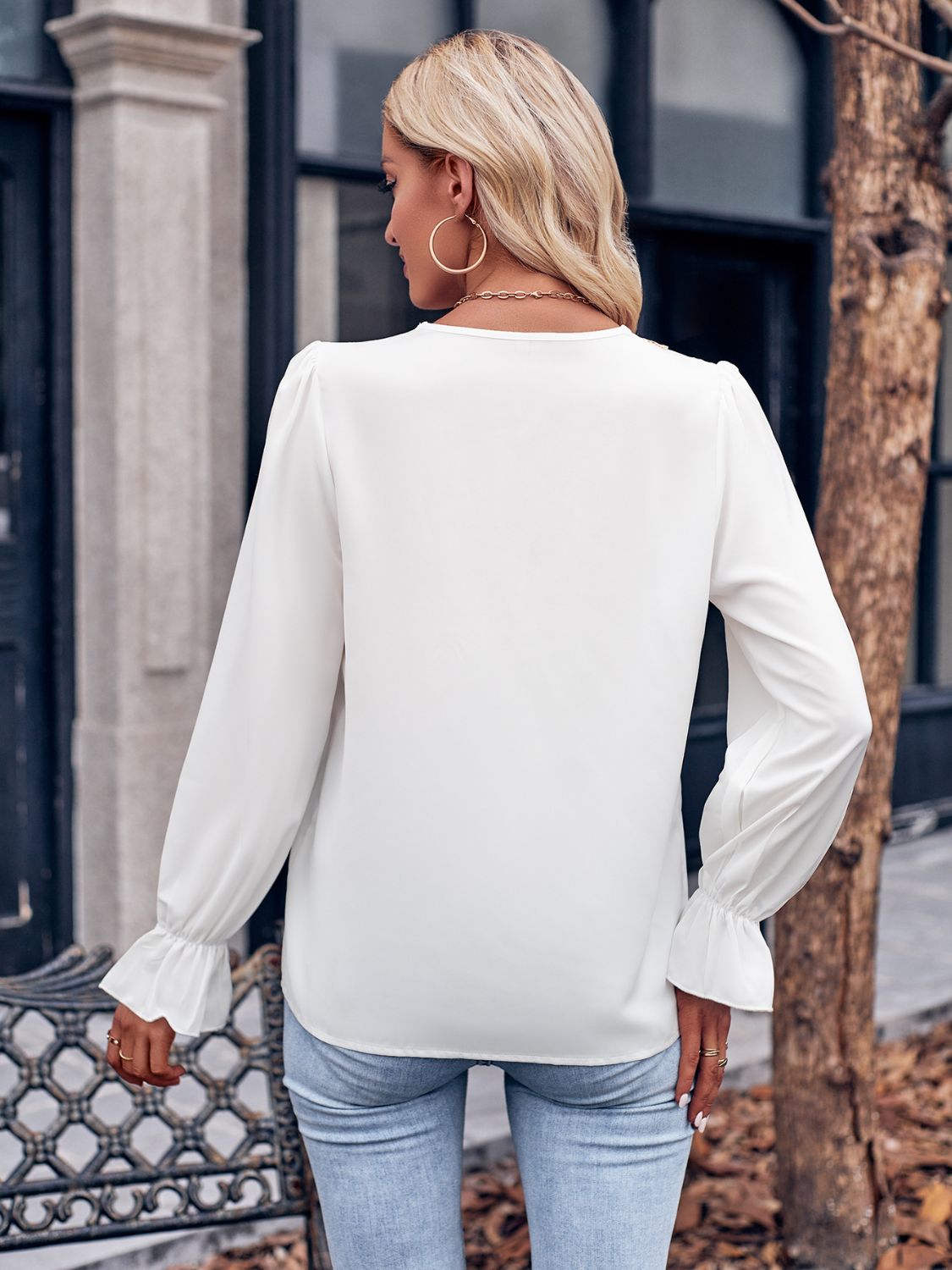 Ruffled Lace Detail Blouse with Long Sleeves Apparel & Accessories > Clothing > Tops S.N Ship From Overseas sync-pinterest