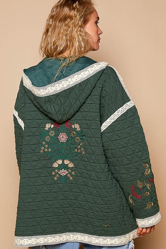 Dark green Quilted Jacket - Crochet pockets - Open Front autopostr_pinterest_71667 new pinterestone POL Ship from USA