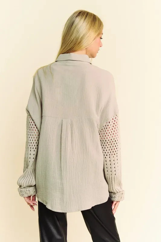 Crème crochet cotton shirt - bohemian casual feminine 7-6 Davi & Dani Ship from USA