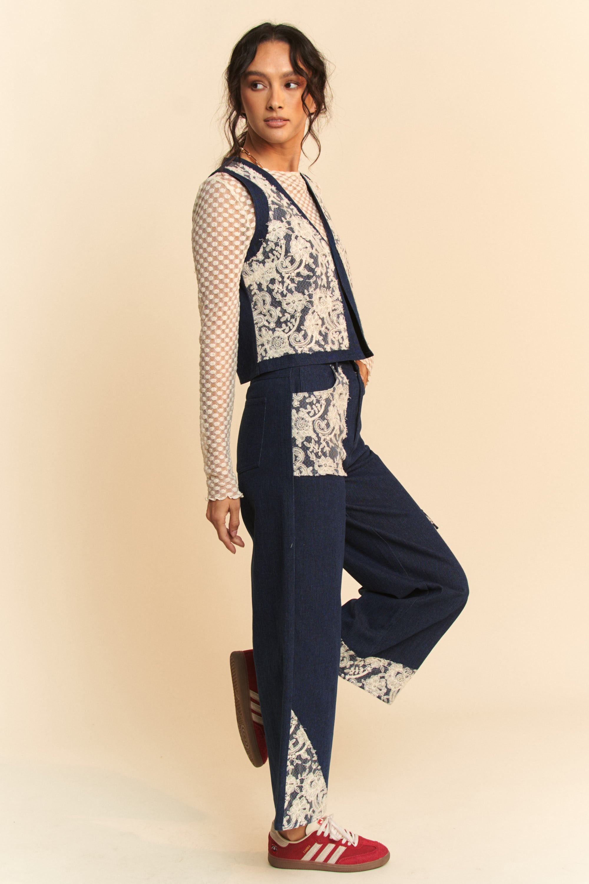 Denim Vest - Open Front - Lace Accents - 100% Cotton Apparel & Accessories > Clothing > Outerwear autopostr_pinterest_72819 Davi & Dani Only Available for U.S. Residents Ship from USA sync-pinterest