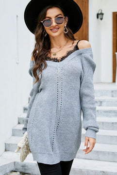 Openwork V-Neck Long Sleeve Sweater