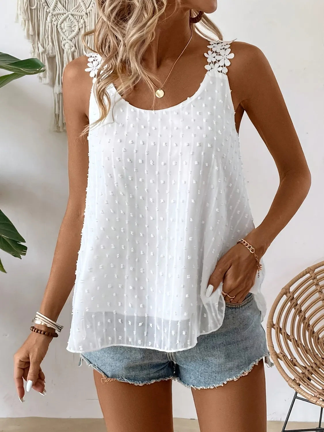 White Cami - Swiss Dot - Scoop Neck - Lightweight - Sleeveless - Casual 4-29 Macido Ship From Overseas