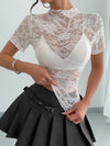 White Top - Lace - Mock Neck - Short Sleeve - Elegant - Fitted 5-1-overseas Ship From Overseas WXFS