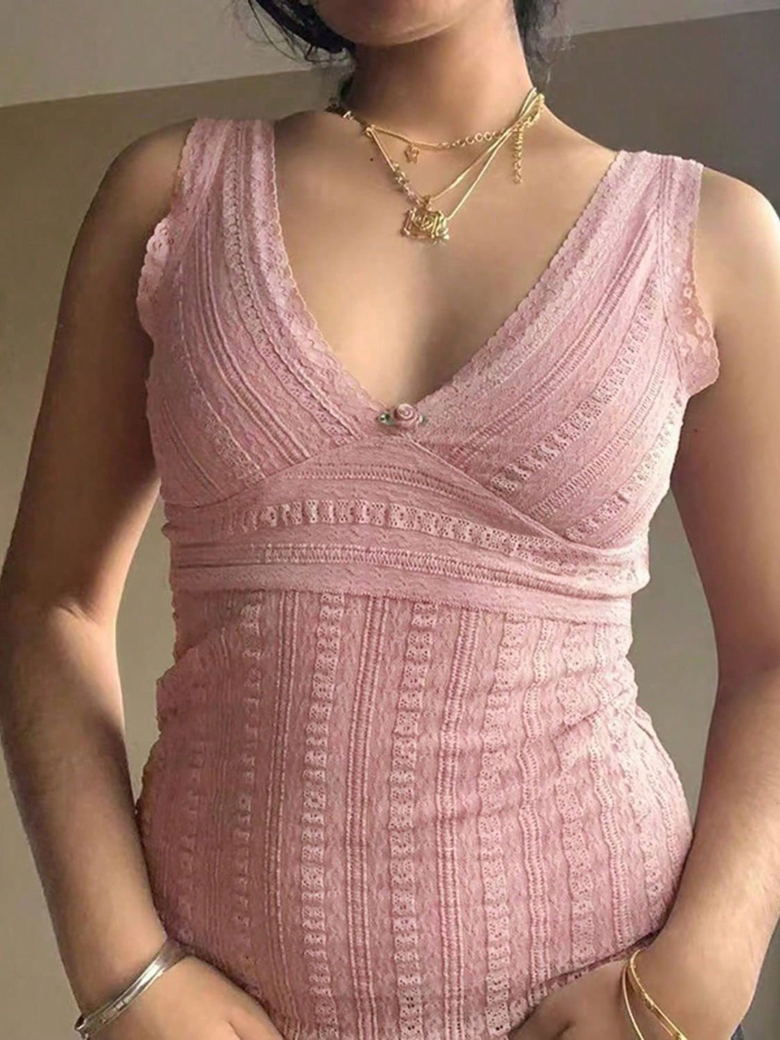 Women's Lace Top with Moderate Stretch and Opaque Finish Apparel & Accessories > Clothing > Tops Devine Lace Neck Neck Tank Ship From Overseas sync-pinterest T Tank V