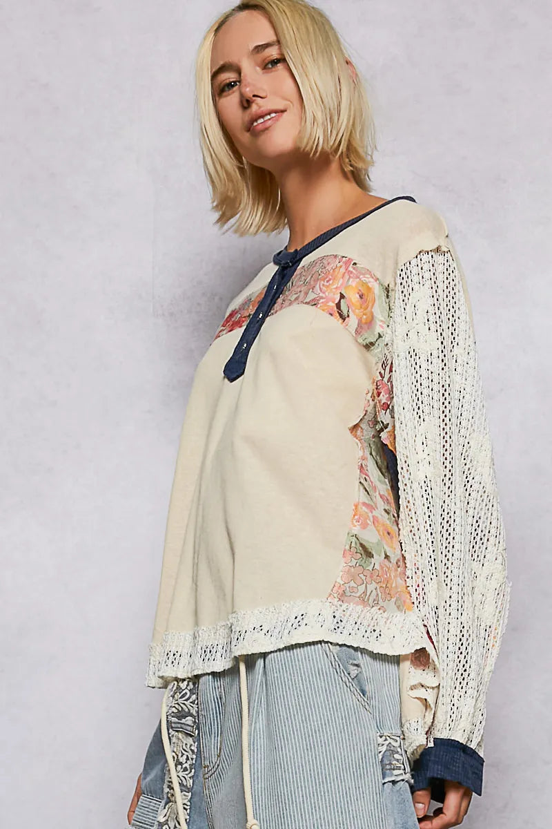 Patchwork Crochet Blouse – Bohemian Navy Trim 7-11 POL Ship from USA