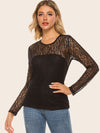 Black Lace Blouse - Long Sleeve - Round Neck - Solid Casual Top Apparel & Accessories > Clothing > Tops JR Lace Ship From Overseas Spliced sync-pinterest Top