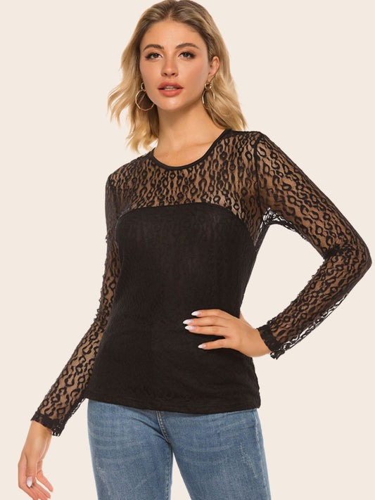 Black Lace Blouse - Long Sleeve - Round Neck - Solid Casual Top Apparel & Accessories > Clothing > Tops JR Lace Ship From Overseas Spliced sync-pinterest Top