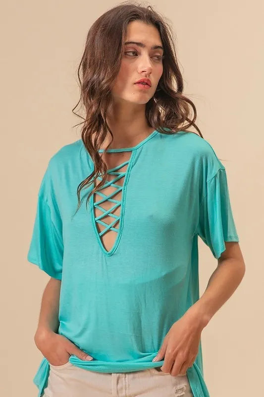 MINT Jersey Knit Top - Criss Cross Neck - Casual Chic - Rayon Blend 4-23-usa BiBi Ship from USA