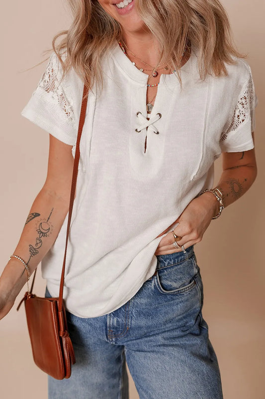 White Top - Ribbed Texture - Lace Patchwork - Short Sleeve - Casual - Stretchy 5-1-overseas Ship From Overseas SYNZ