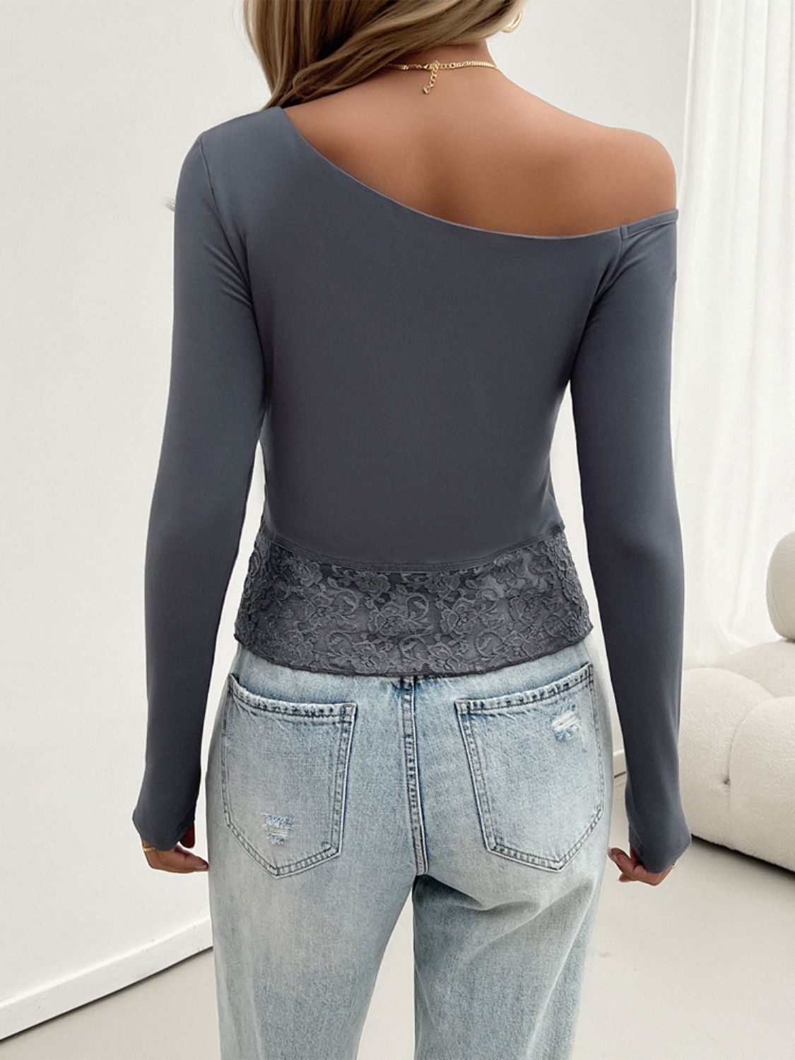 Women's Lace Long Sleeve T-Shirt - Single Shoulder - Trendy Top DY Lace Long Long Sleeve Long Sleeve Lace Ship From Overseas Shirt Shoulder Shoulder Long Shoulder Long Sleeve Sleeve Sleeve Lace V