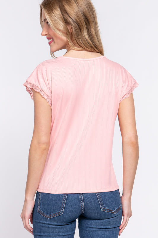 Pink Lace Top - Short Sleeve - Ribbed - V Neck Clothing & Accessories > Clothing > Tops autopostr_pinterest_71901 lace neck PinterestNew ribbed short sleeve top trim