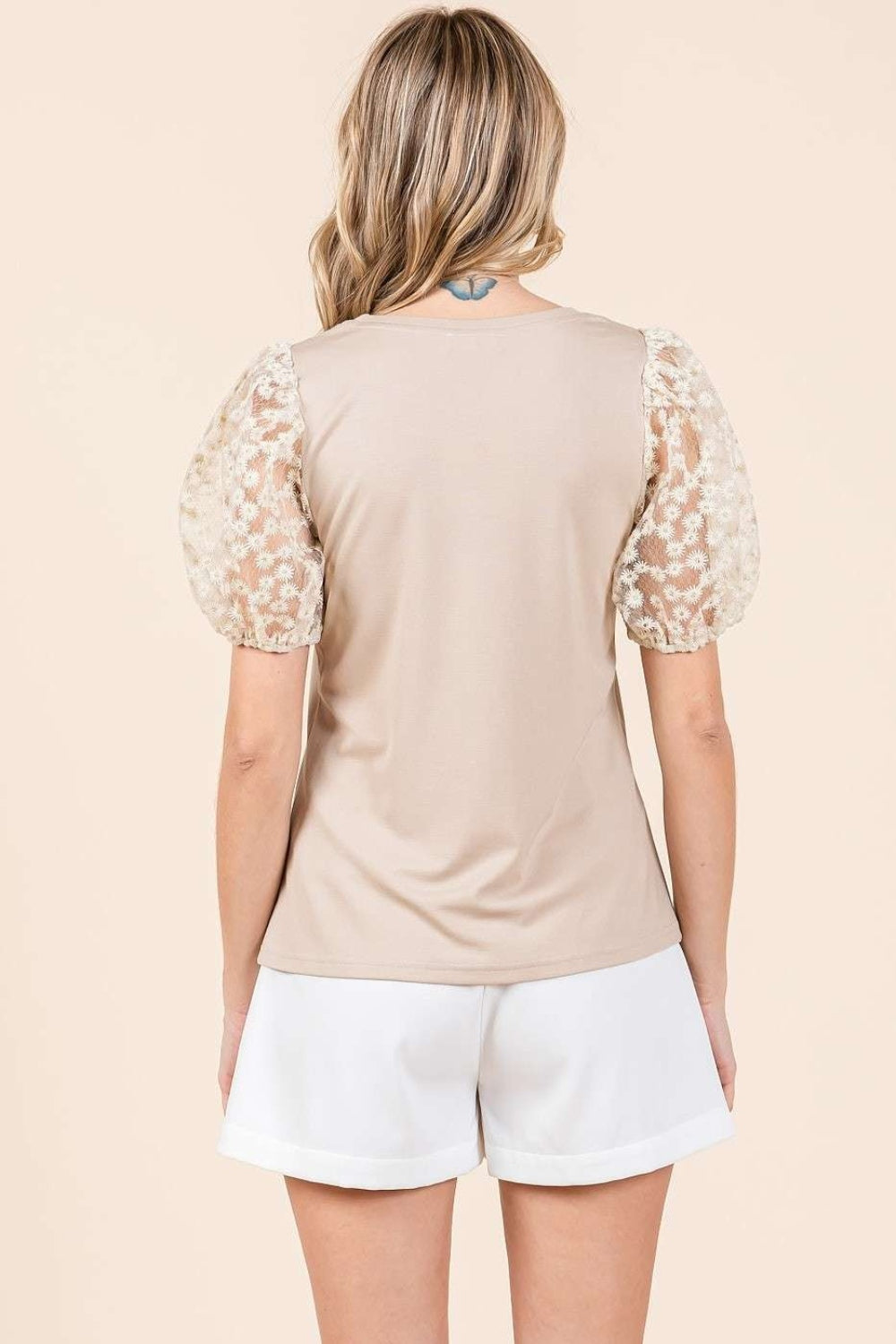 Taupe Lace Top - Round Neck - Short Sleeve Clothing & Accessories > Clothing > Tops autopostr_pinterest_71901 mittoshop neck PinterestNew puff round short sleeve top