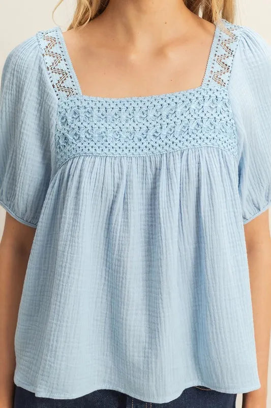 Peasant Top - Cotton Crochet Puff Sleeve - Bohemian Romantic Style 4-23-usa HYFVE Ship from USA