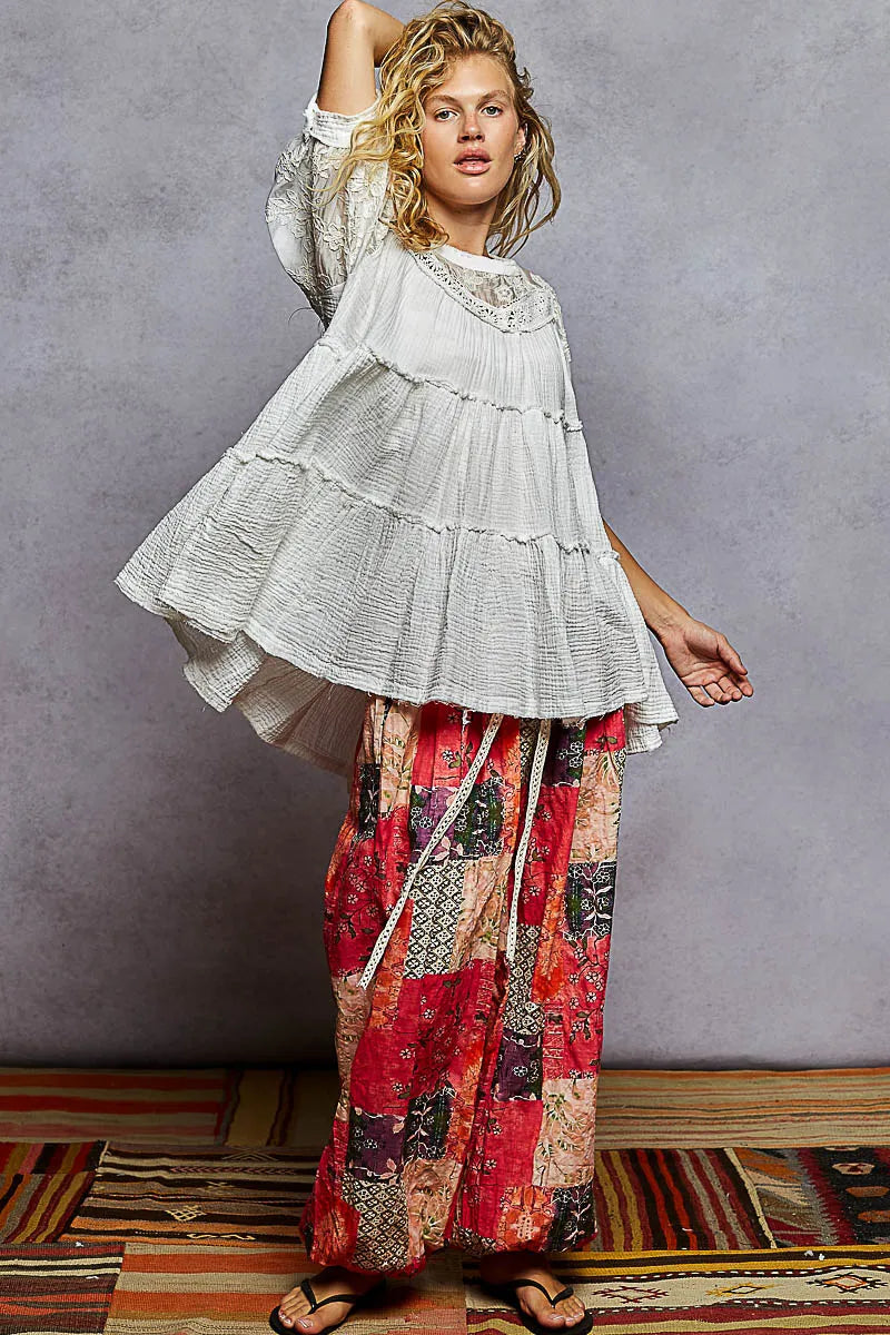 Lace Trim Cotton Blouse - Boho Ruffle Chic 7-11 POL Ship from USA