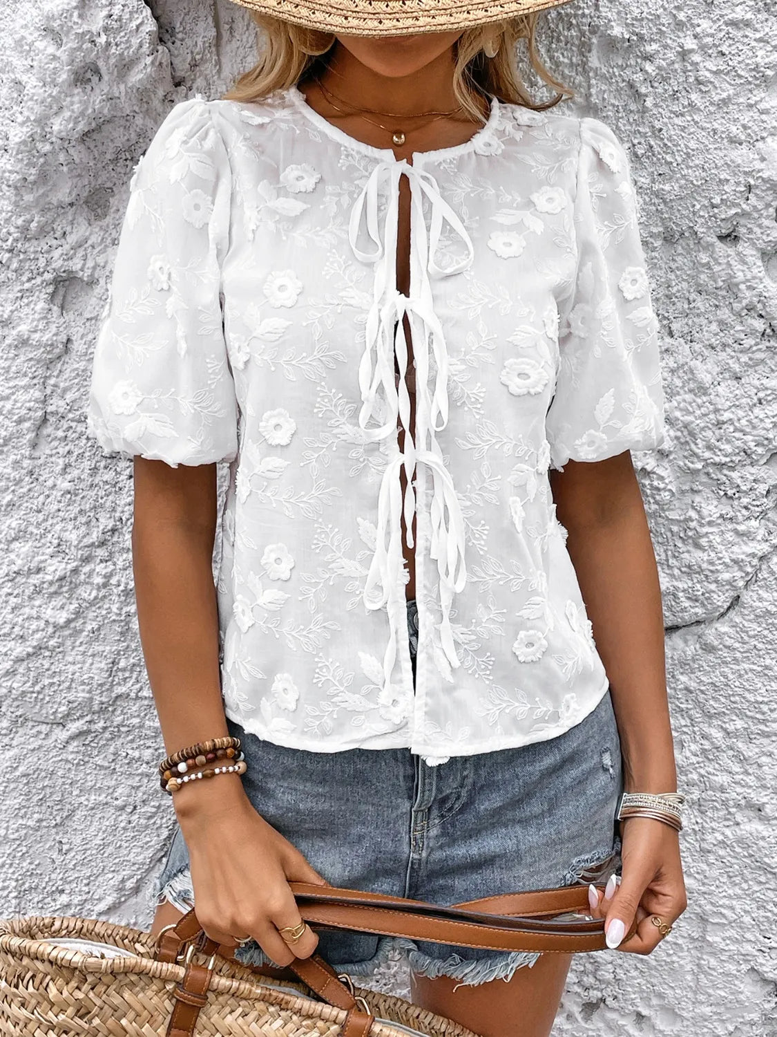 White Blouse - Tie Front Puff Sleeve - Polyester - No Stretch 4-29 Perfee Ship From Overseas