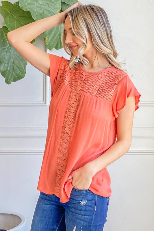 CORAL Lace Detail Ruffle Short Sleeve Blouse Clothing & Accessories > Clothing > Tops > Blouses autopostr_pinterest_71118 autopostr_pinterest_71178 autopostr_pinterest_71277 blouse detail lace ruffle short sleeve