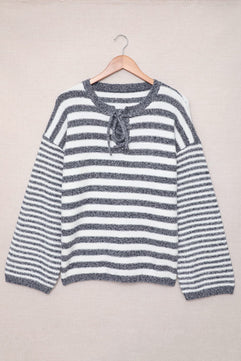 Striped Lace Up Bell Sleeve Sweater