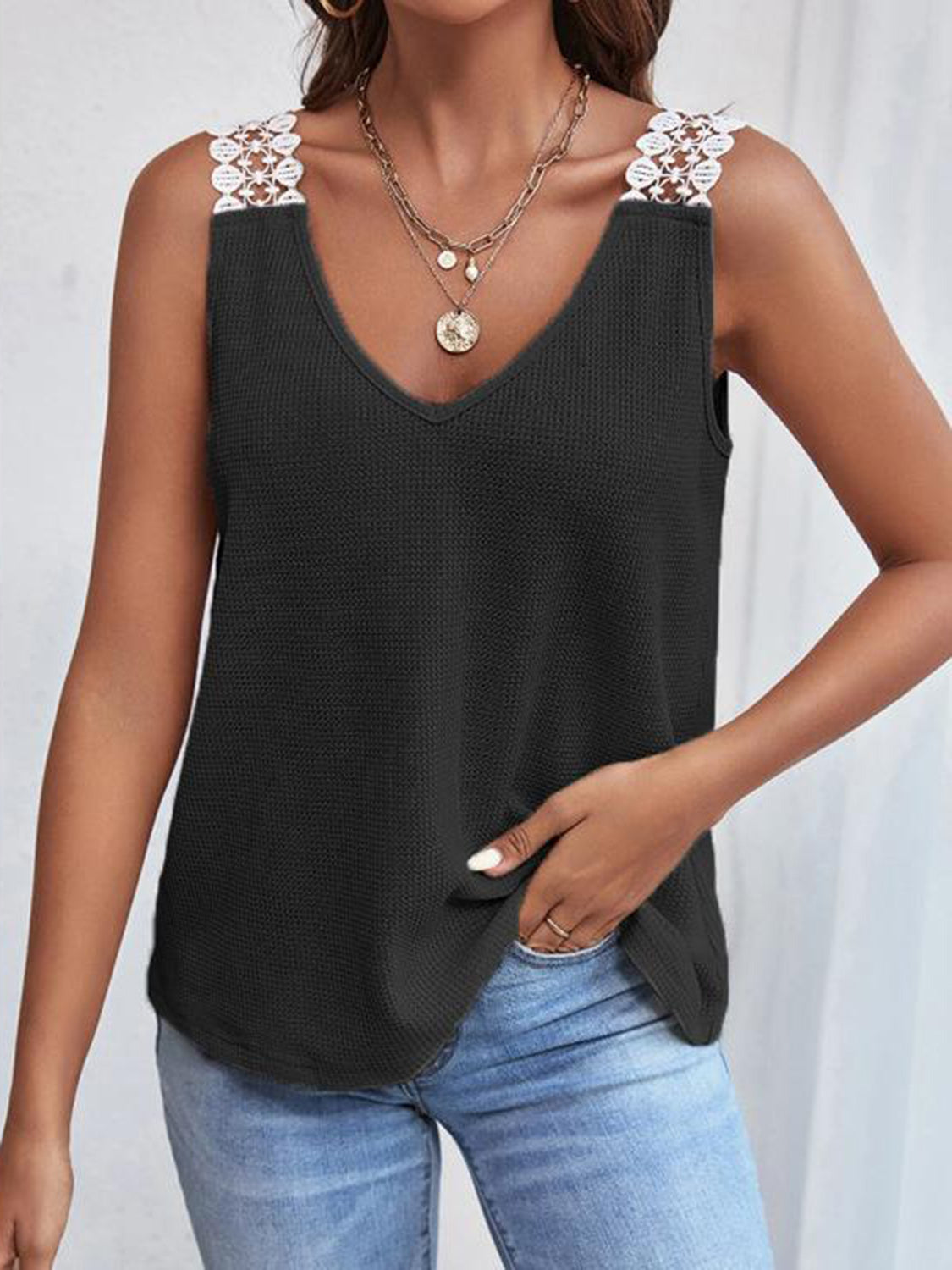 Black Full Size Lace Detail V-Neck Tank - Sleeveless - Plus Size - Summer Top Detail Detail V Full Full Size Full Size Lace Lace Lace Detail Neck Neck Tank R@Z@Y@P Ship From Overseas Size Size Lace Size Lace Detail T Tank V