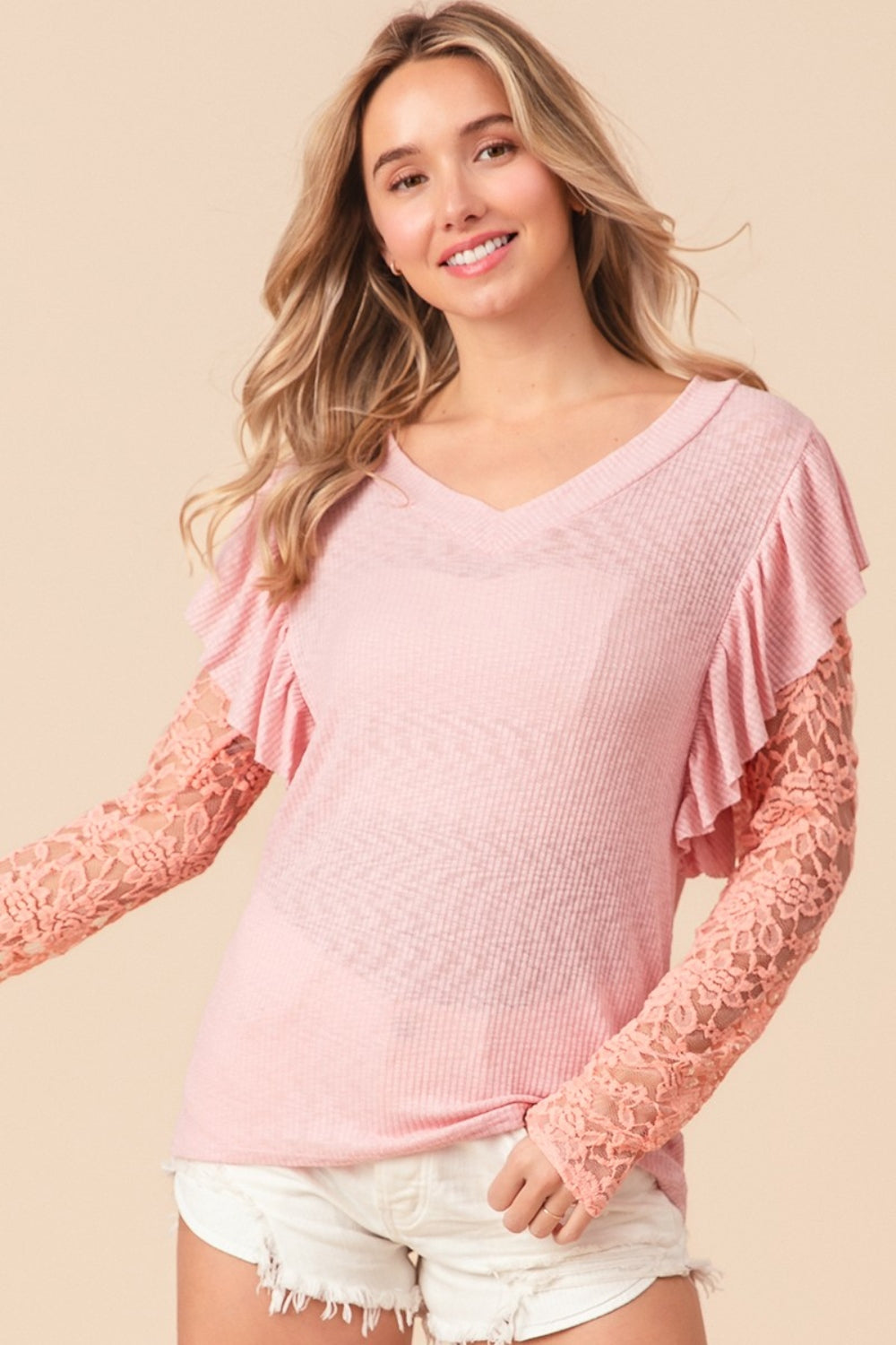 Blush Pink Lace Top - Rib Knit - Long Sleeve - Ruffled Clothing & Accessories > Clothing > Tops autopostr_pinterest_71901 knit lace PinterestNew rib ruffled sleeve top