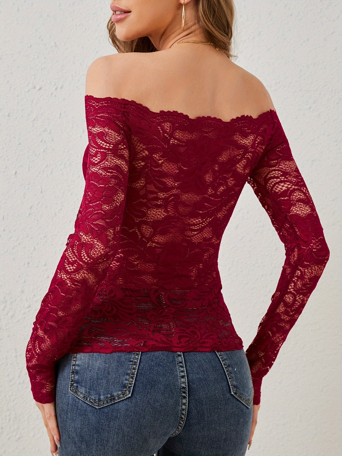 Semi-Sheer Lace Top with Slight Stretch Apparel & Accessories > Clothing > Tops Lace Lace Top Long Long Sleeve Long Sleeve Lace Off Ship From Overseas Shoulder Shoulder Long Shoulder Long Sleeve Sleeve Sleeve Lace Sleeve Lace Top sync-pinterest Top V WXFS