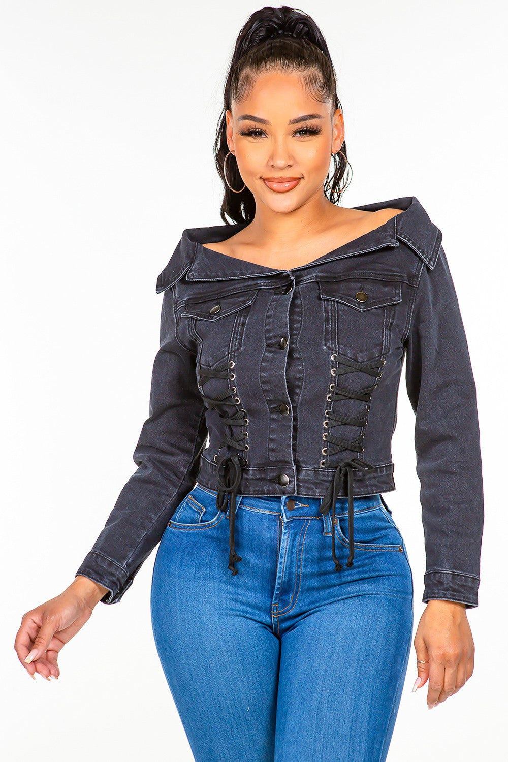 Black Black Lace Up Denim Jacket - Off Shoulder Style - Trendy Fashion Piece American Bazi Only Available for U.S. Residents Ship from USA sync-pinterest